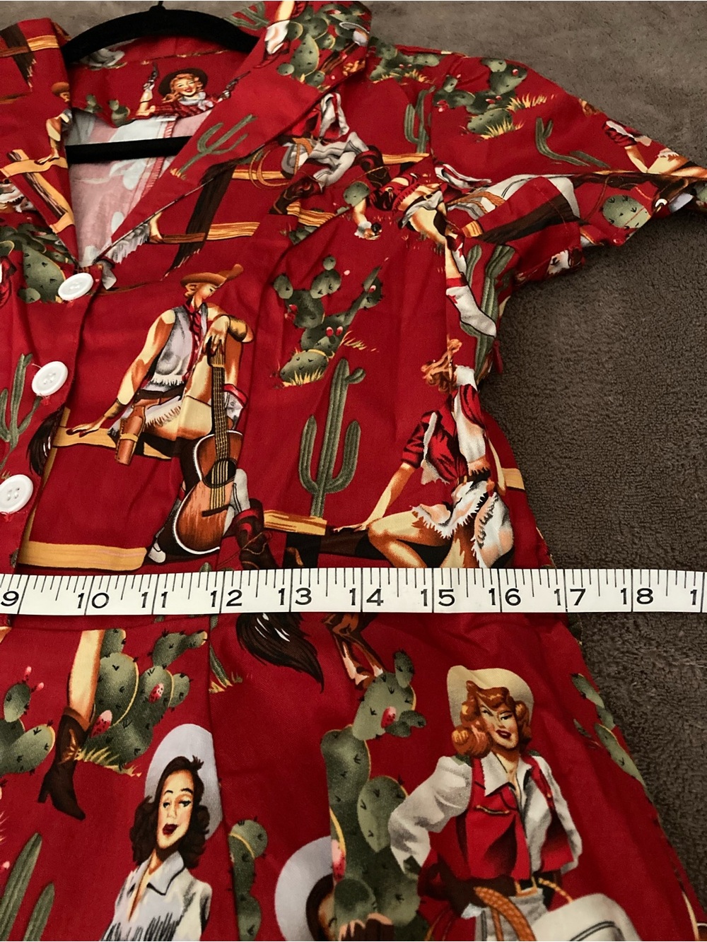 WOMENS Western-Print Red Fit & Flare Dress from Unique Vintage size XL - Picture 6 of 10